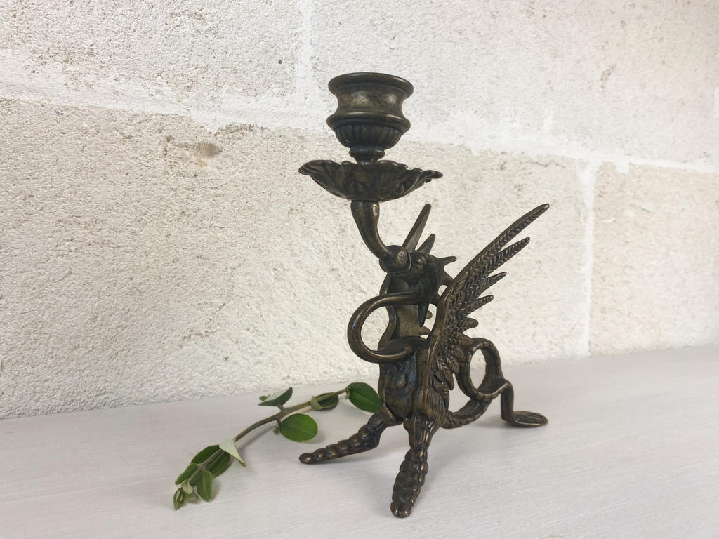 Italienischer Vintage-Drachen-Kerzenhalter – Bronzierter massiver Messing-Kerzenständer