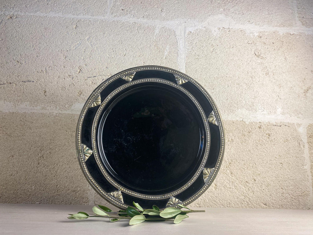 Vintage Moroccan Black Glazed Plate with Silver Detail – Safi Pottery Wall Art