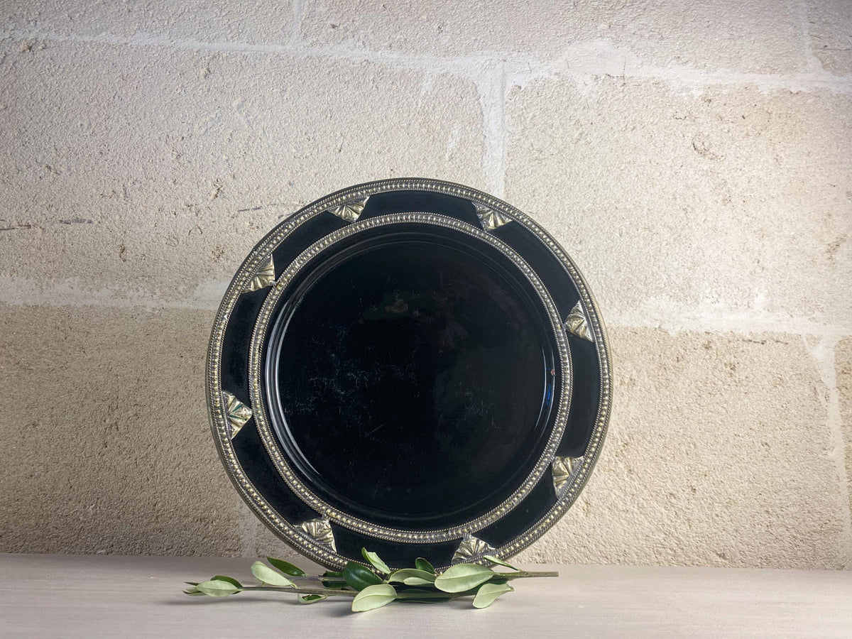 Vintage Moroccan Black Glazed Plate with Silver Detail – Safi Pottery Wall Art