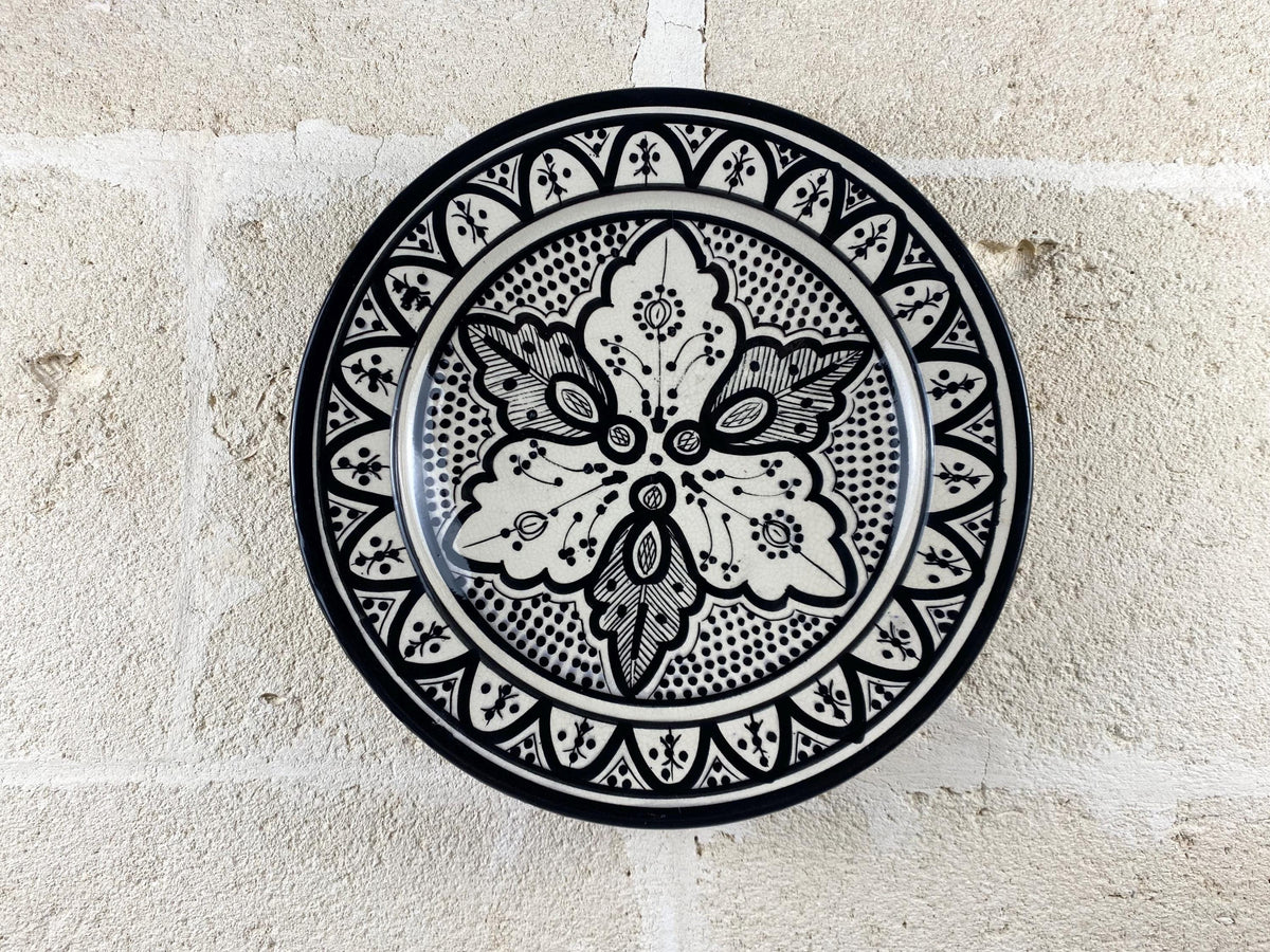 Vintage Hand-Painted Moroccan Ceramic Plate – Black White Arabic Pottery Wall Hanging