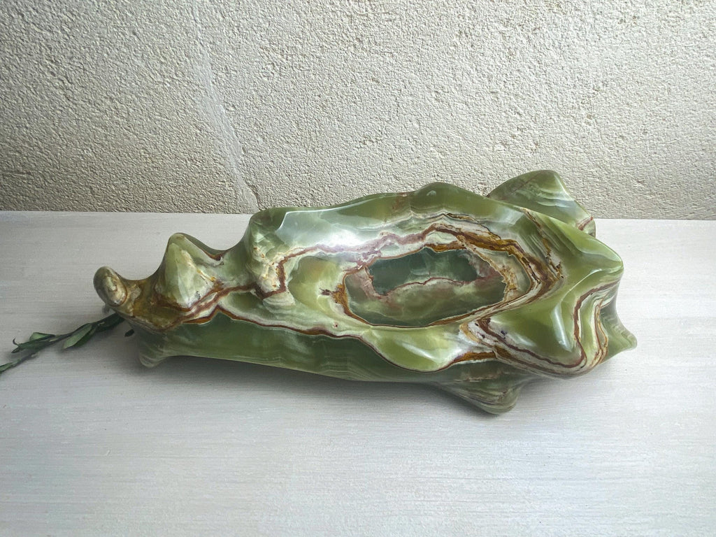 Large Italian Green Onyx Bowl -Hand Carved Stone Centerpiece -Sculptural Statement Decorative Object