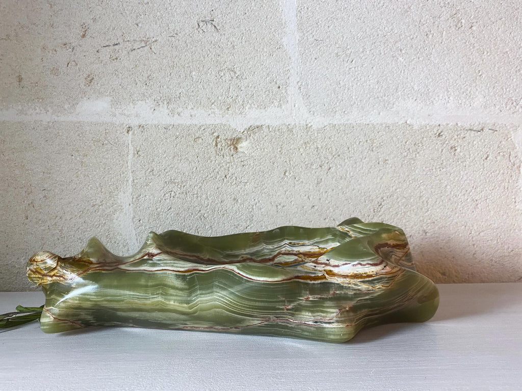 Large Italian Green Onyx Bowl -Hand Carved Stone Centerpiece -Sculptural Statement Decorative Object