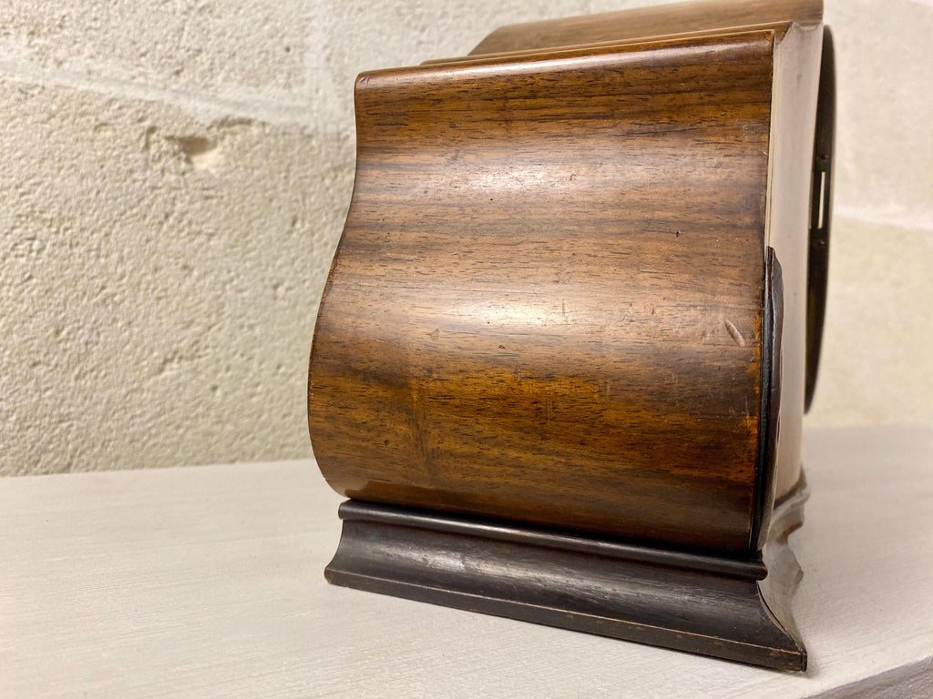 Mid Century Junghans Tambour Clock, Italian Burl Walnut Mantel, Rare Floating Balance Movement