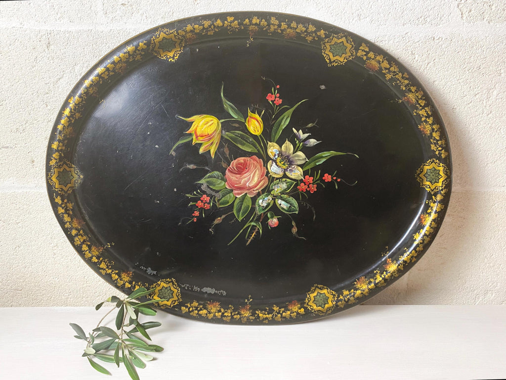 Bandeja antigua de Toleware XL: bandeja victoriana con incrustaciones de nácar y motivos florales pintados a mano