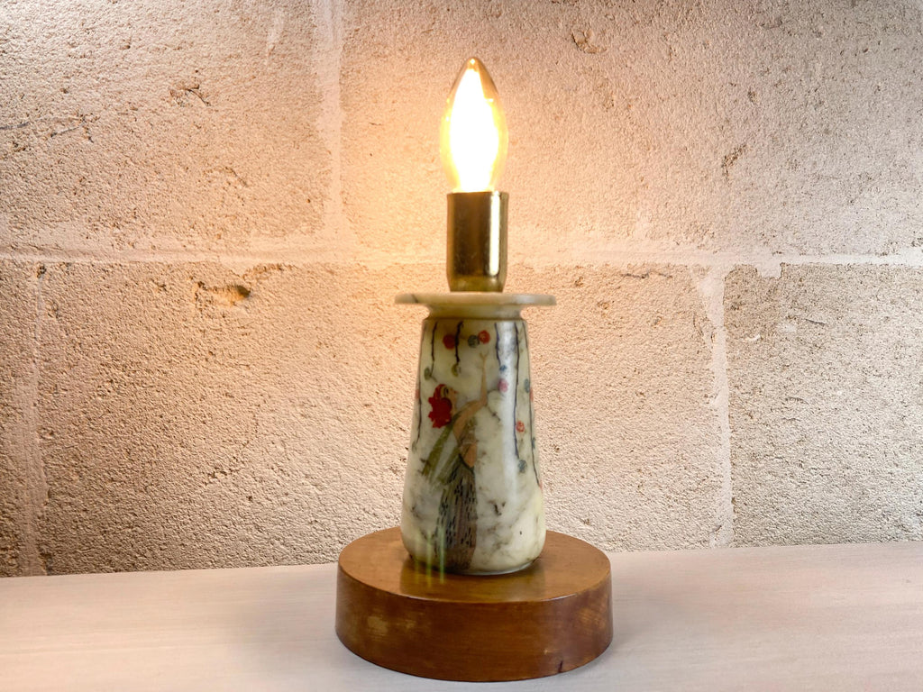Art Deco Alabaster Table Lamp - Hand Painted Flapper Girl -Italian Stone Lighting 1920s