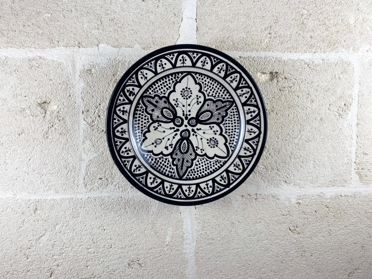 Vintage Hand-Painted Moroccan Ceramic Plate – Black White Arabic Pottery Wall Hanging