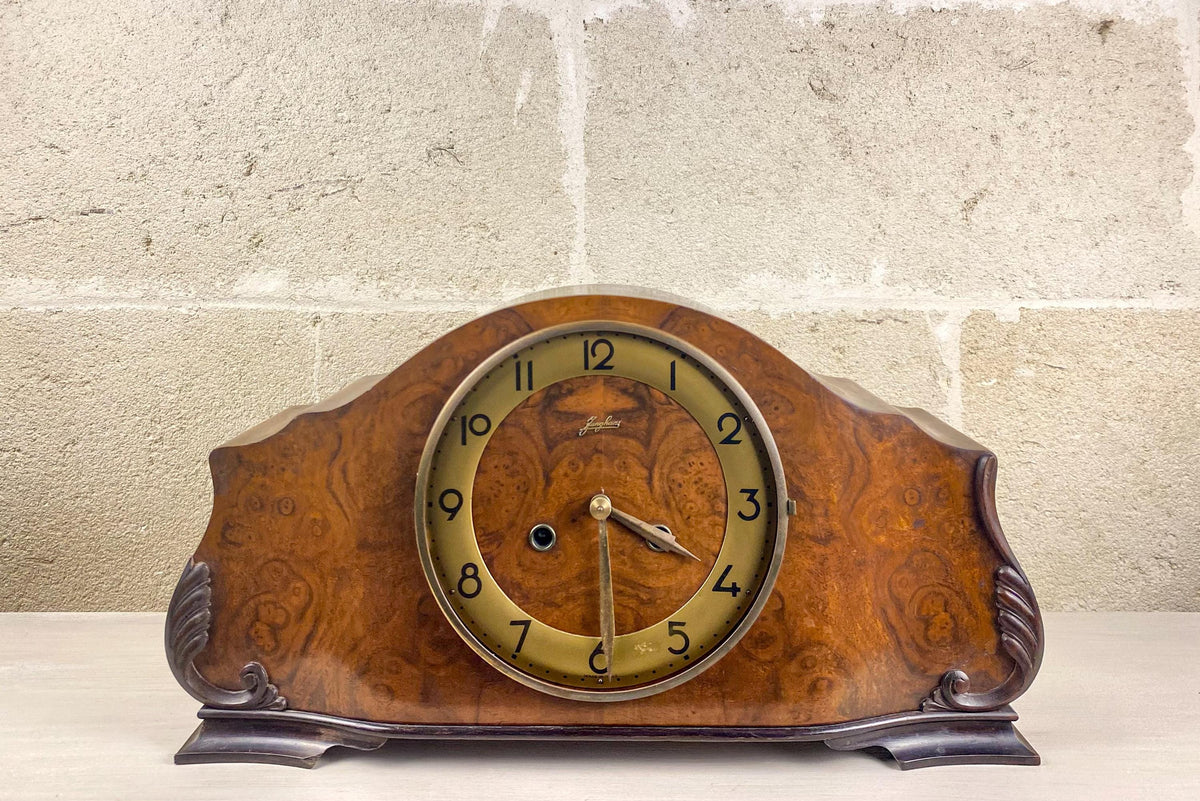 Mid Century Junghans Tambour Clock, Italian Burl Walnut Mantel, Rare Floating Balance Movement