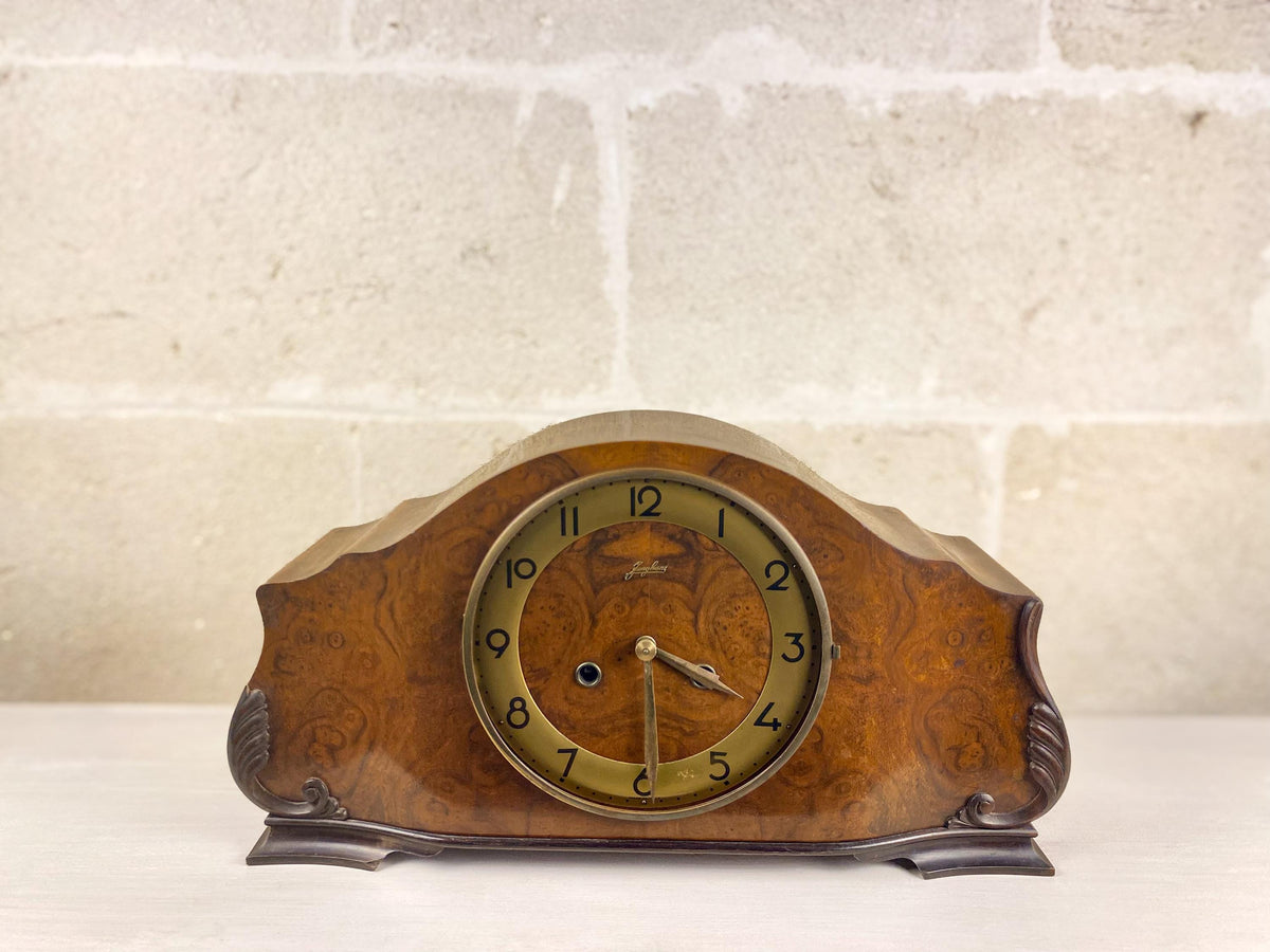 Mid Century Junghans Tambour Clock, Italian Burl Walnut Mantel, Rare Floating Balance Movement