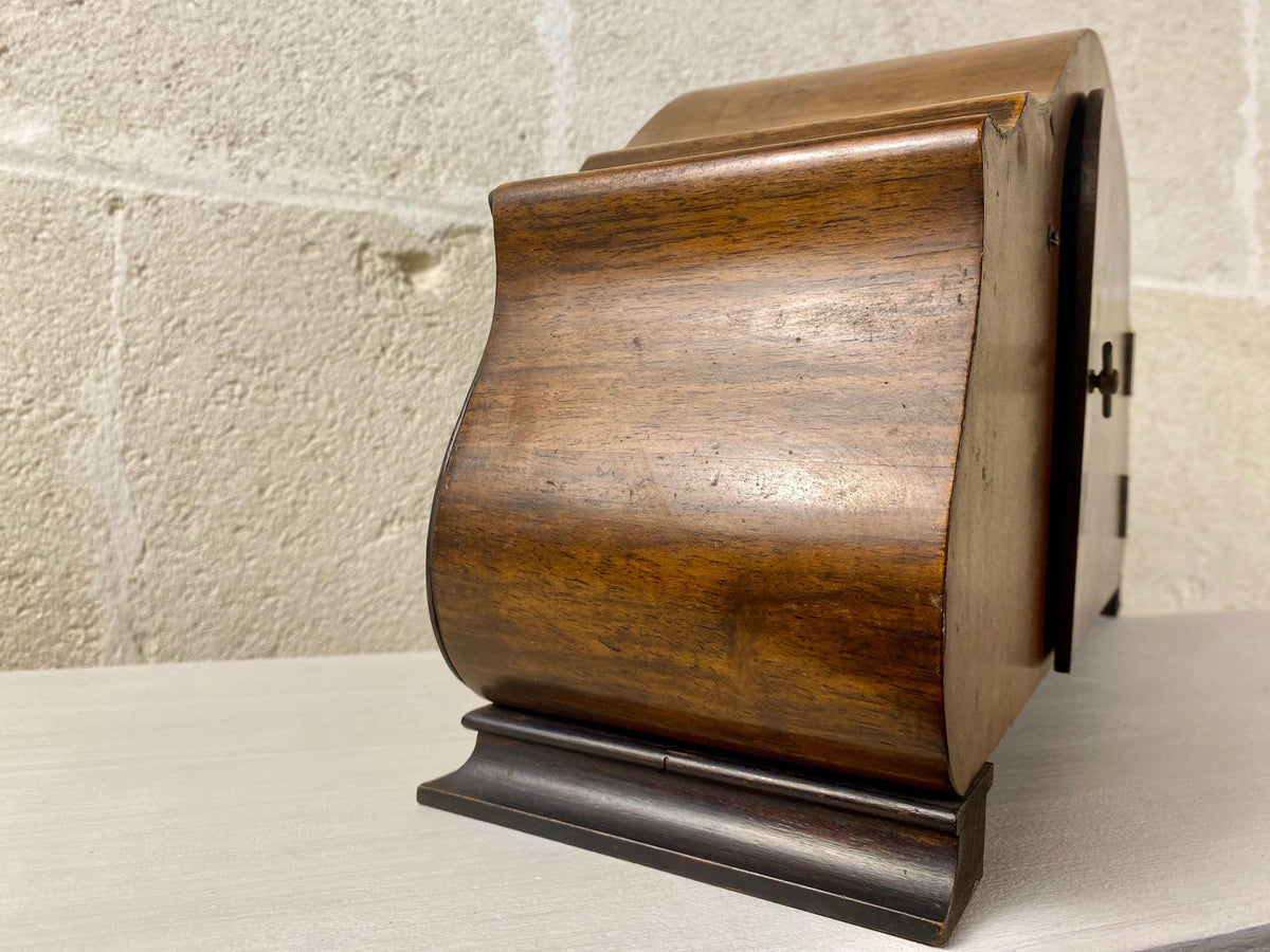 Mid Century Junghans Tambour Clock, Italian Burl Walnut Mantel, Rare Floating Balance Movement