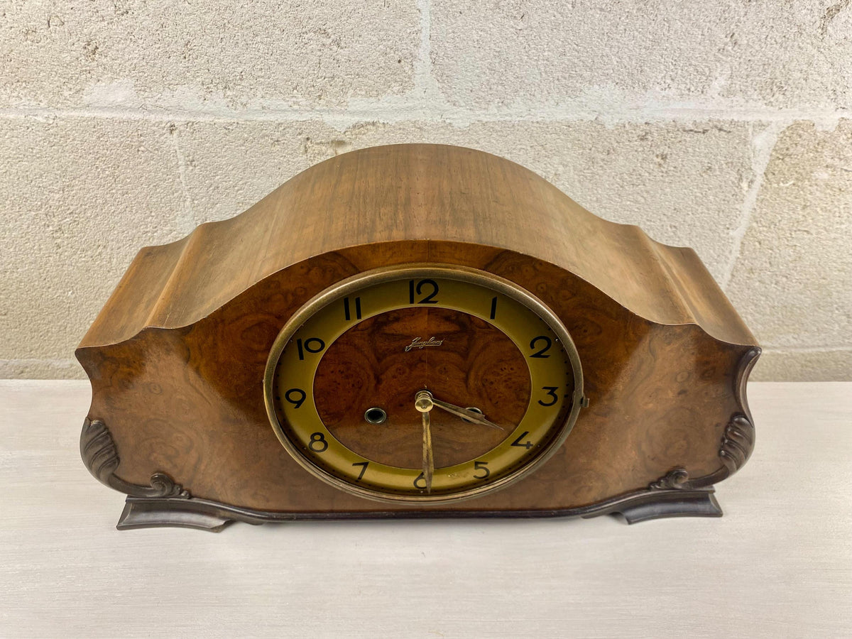 Mid Century Junghans Tambour Clock, Italian Burl Walnut Mantel, Rare Floating Balance Movement