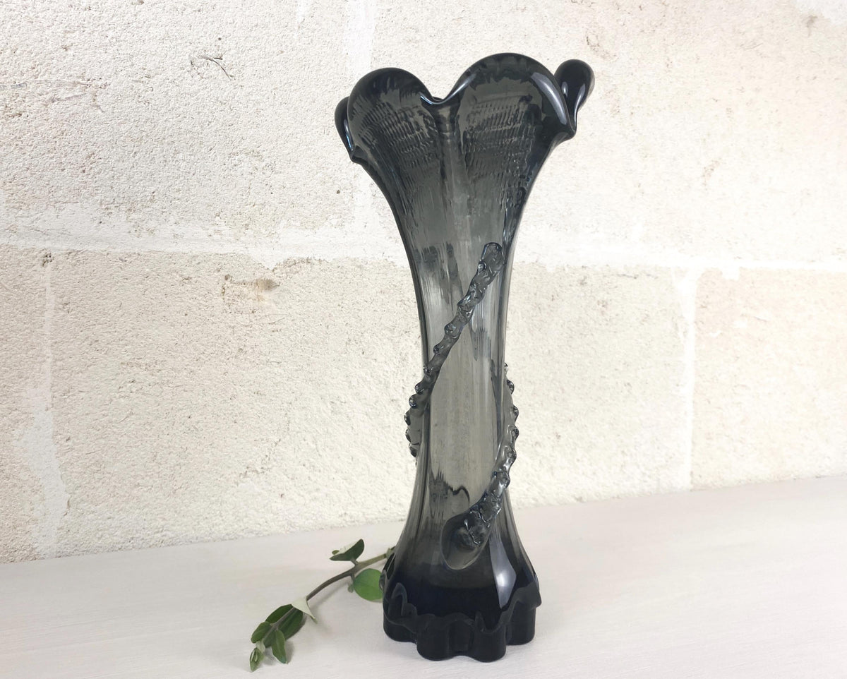 Vase vintage en verre de Murano noir Fumo - Verre d'art vénitien soufflé à la bouche avec fil de verre appliqué