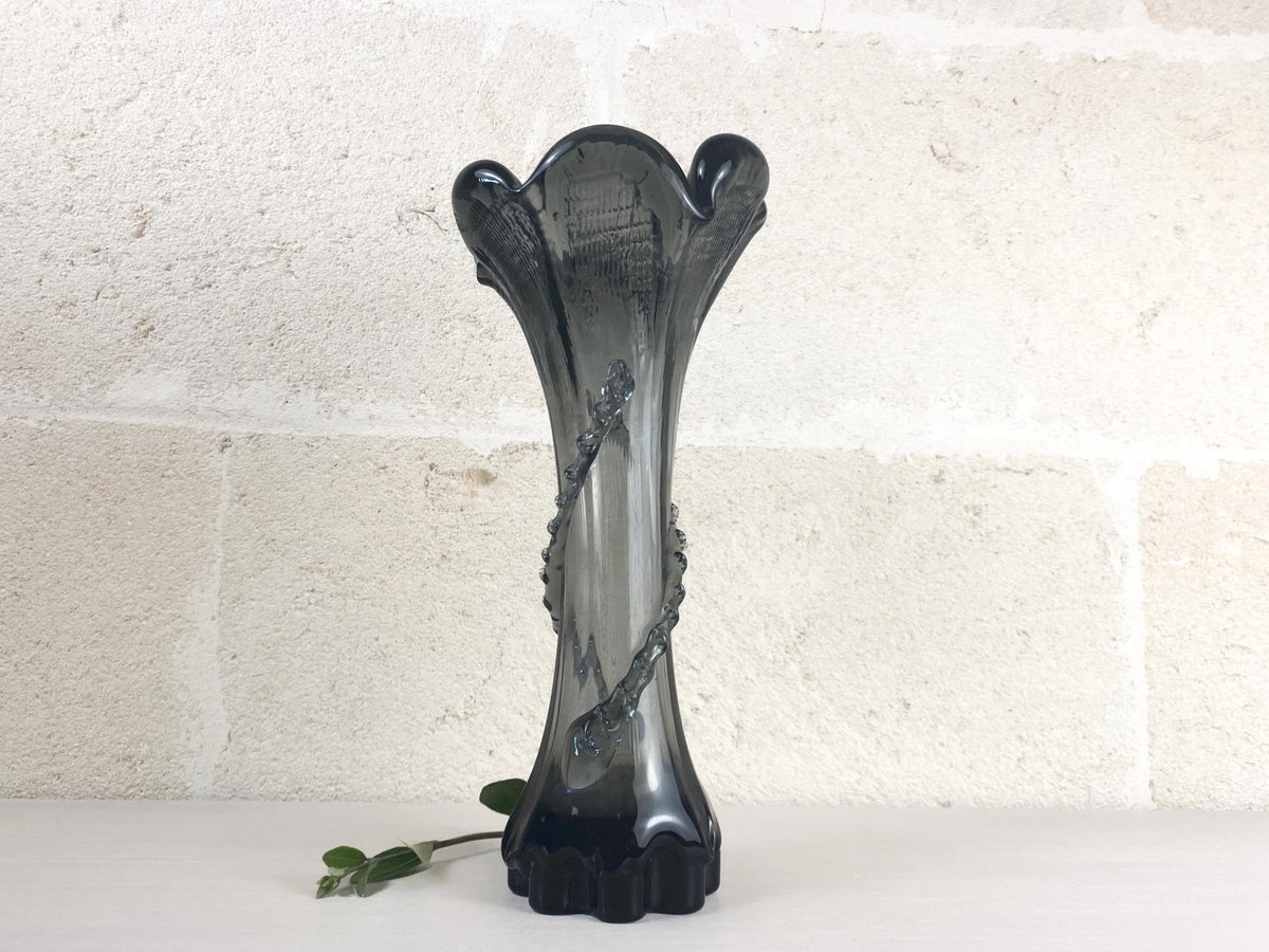 Vase vintage en verre de Murano noir Fumo - Verre d'art vénitien soufflé à la bouche avec fil de verre appliqué
