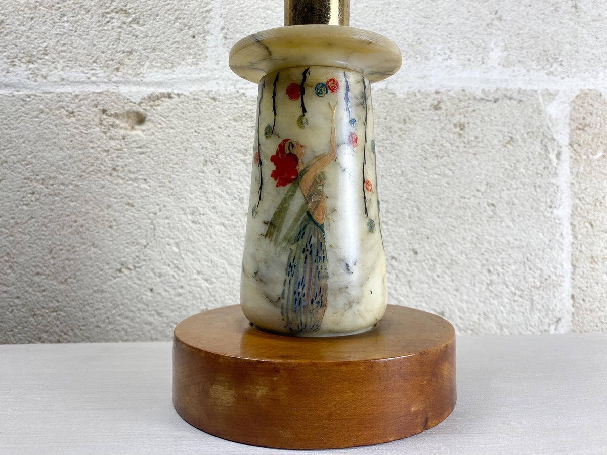 Lampe de table Art Déco en albâtre - Motif « Flapper Girl » peint à la main - Luminaire italien en pierre des années 1920