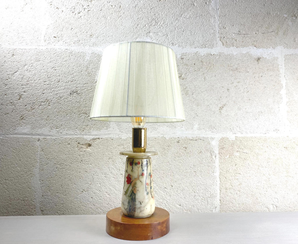 Art Deco Alabaster Table Lamp - Hand Painted Flapper Girl -Italian Stone Lighting 1920s