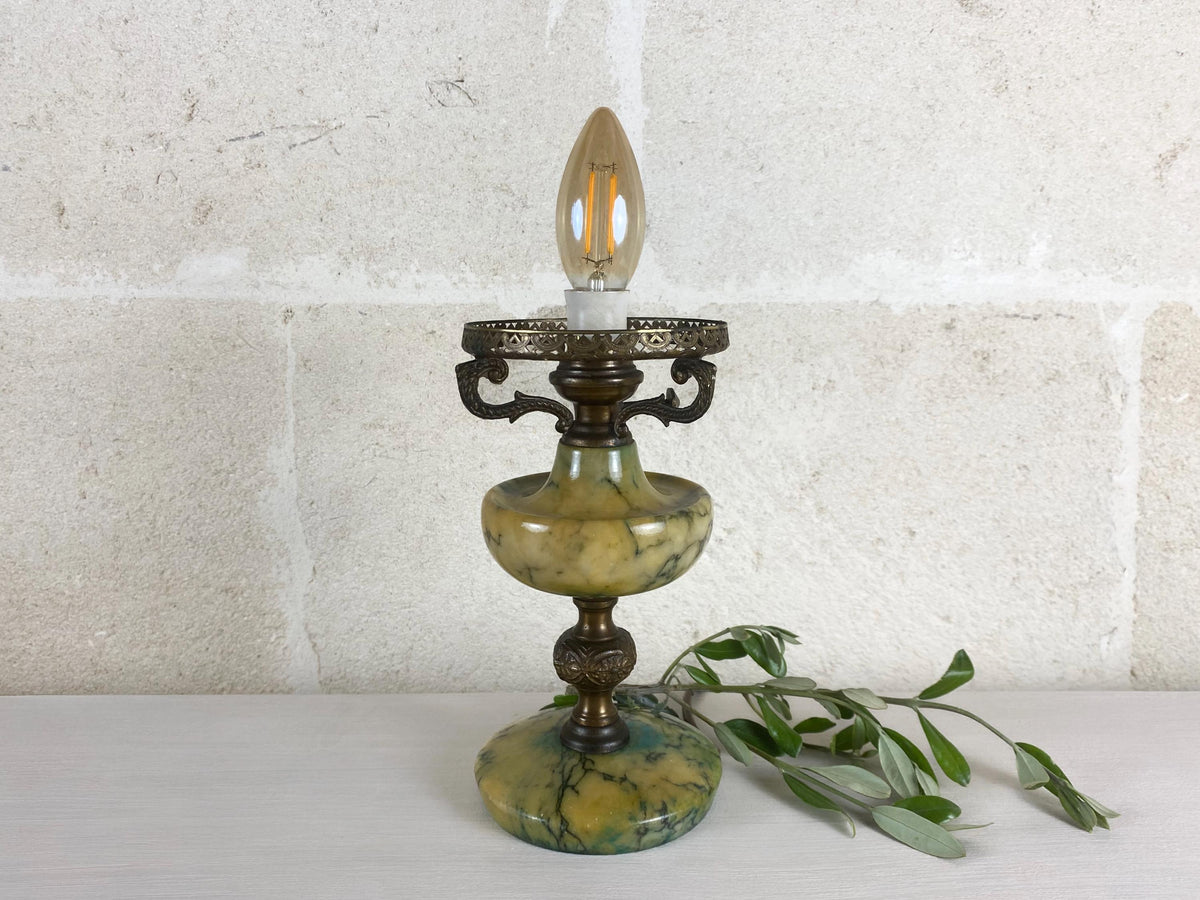 Lampe de table vintage italienne en albâtre vert sauge - Lampe d'appoint style lampe à huile en laiton