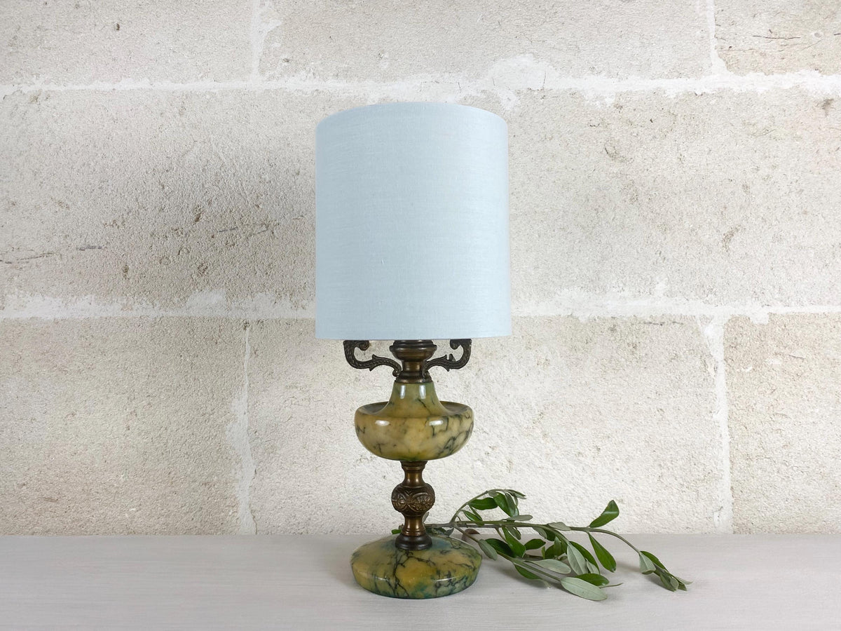 Lampe de table vintage italienne en albâtre vert sauge - Lampe d'appoint style lampe à huile en laiton