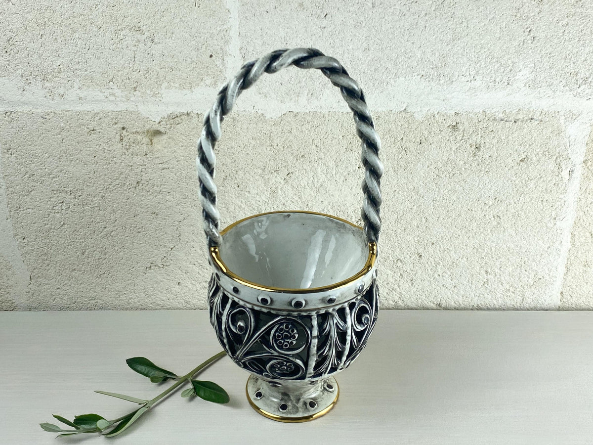 Handcrafted Capodimonte Reticulated Ceramic Bowl, Mid Century Italian Scaldino Basket