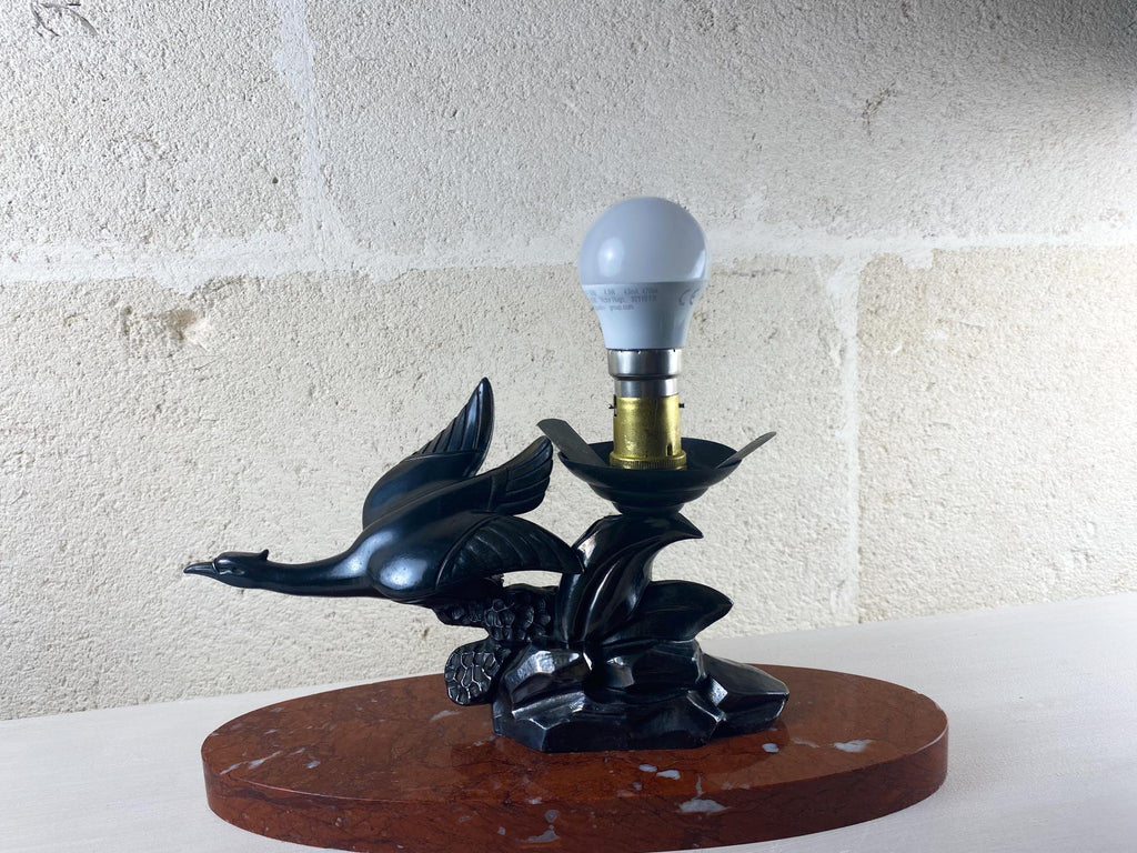 Art Deco Lamp, signed Limousin, Spelter Bird, Clichy Glass Globe, Rosso Verona Marble