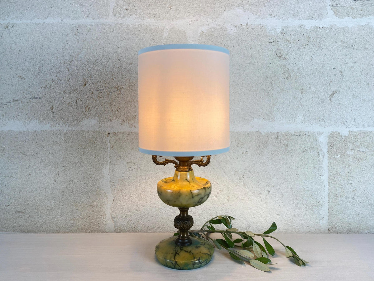 Lampe de table vintage italienne en albâtre vert sauge - Lampe d'appoint style lampe à huile en laiton