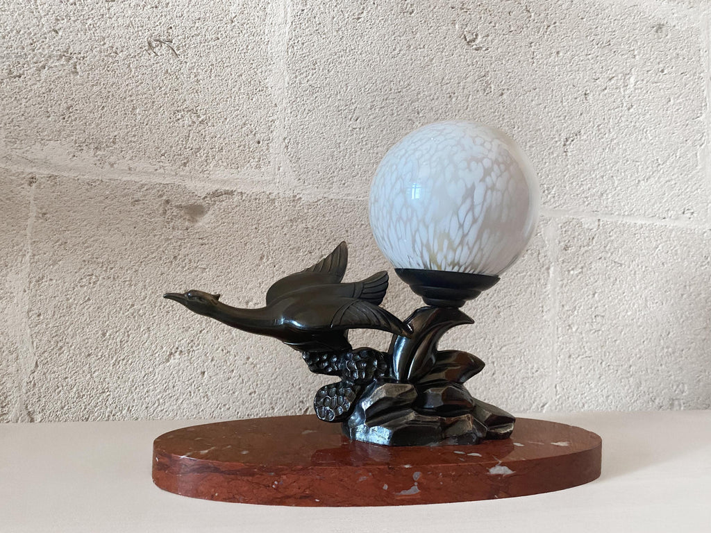 Art Deco Lamp, signed Limousin, Spelter Bird, Clichy Glass Globe, Rosso Verona Marble