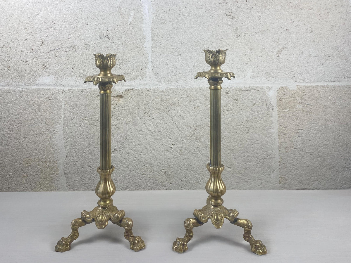 Bougeoirs anciens de style Louis XV en laiton | Pieds rococo en patte de lion | Vers 1880–1910