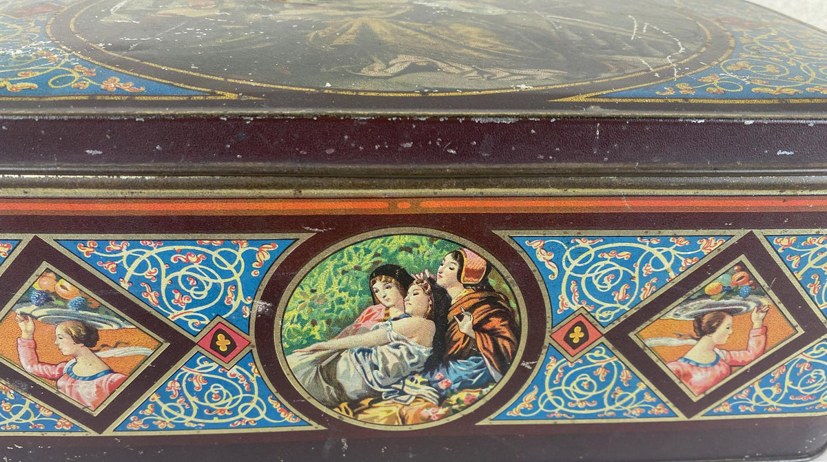 Boîte en fer-blanc italienne Art nouveau ancienne | Grande boîte décorative | Scènes de style Renaissance