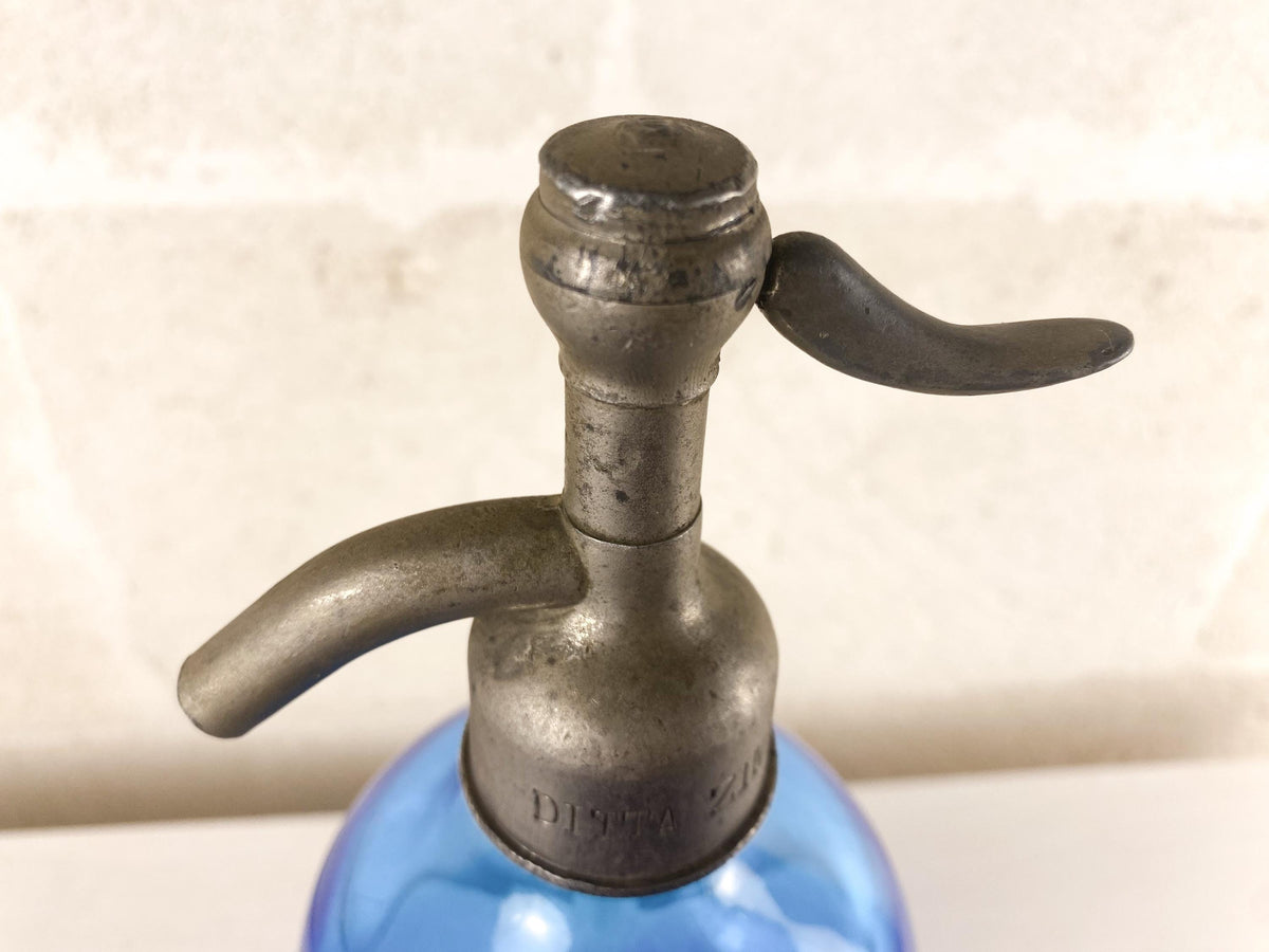 Siphon à eau de Seltz ancien Zimmermann en verre bleu cobalt | Siphon à soda italien lourd | Rare accessoire de bar ancien