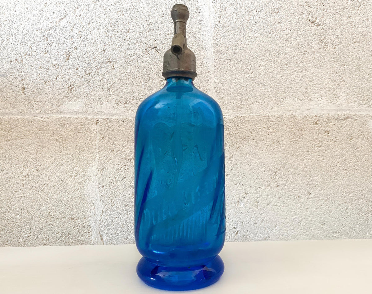 Siphon à eau de Seltz ancien Zimmermann en verre bleu cobalt | Siphon à soda italien lourd | Rare accessoire de bar ancien