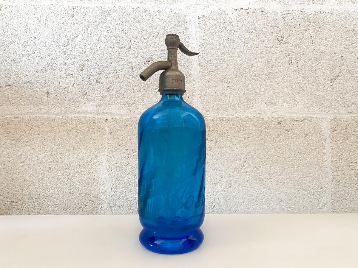 Siphon à eau de Seltz ancien Zimmermann en verre bleu cobalt | Siphon à soda italien lourd | Rare accessoire de bar ancien