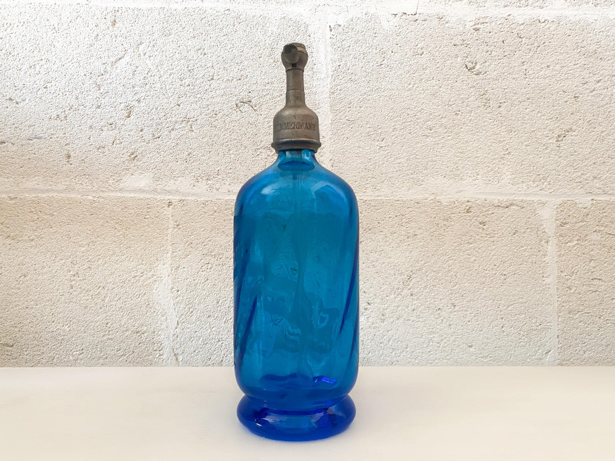 Siphon à eau de Seltz ancien Zimmermann en verre bleu cobalt | Siphon à soda italien lourd | Rare accessoire de bar ancien