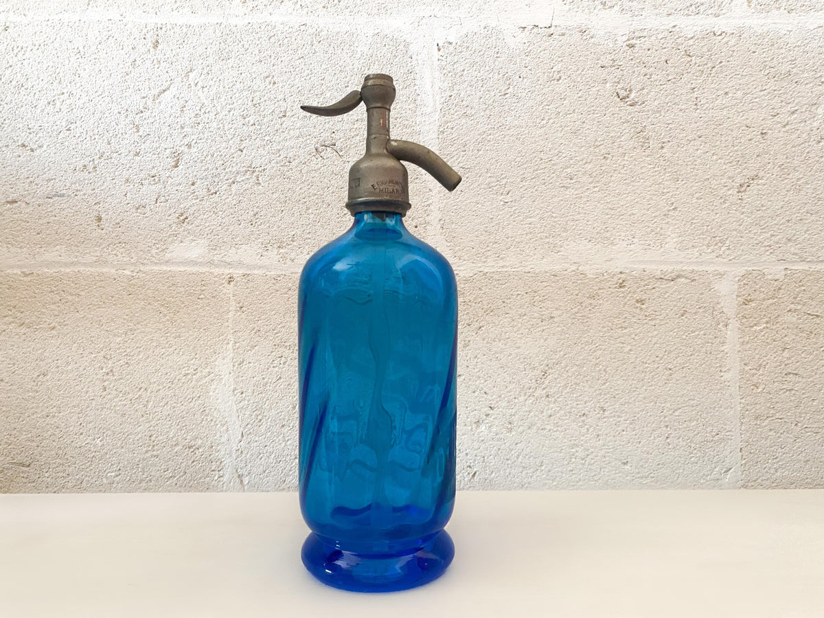 Siphon à eau de Seltz ancien Zimmermann en verre bleu cobalt | Siphon à soda italien lourd | Rare accessoire de bar ancien