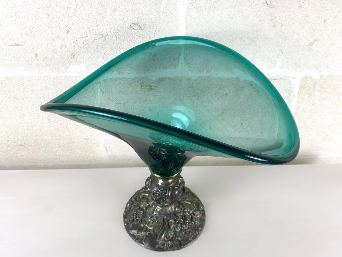 Grand bol centre de table vintage italien en argent sterling et verre artistique émeraude