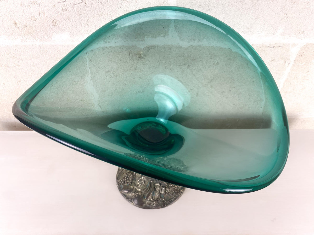 Grand bol centre de table vintage italien en argent sterling et verre artistique émeraude