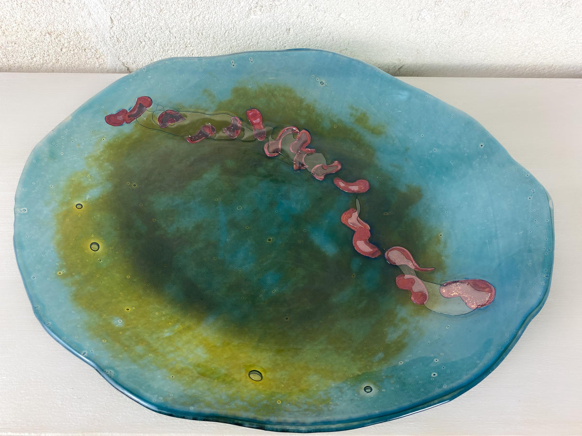 Grand plat de bassin en verre fusionné | Art impressionniste aquatique abstrait, inclusions de cuivre