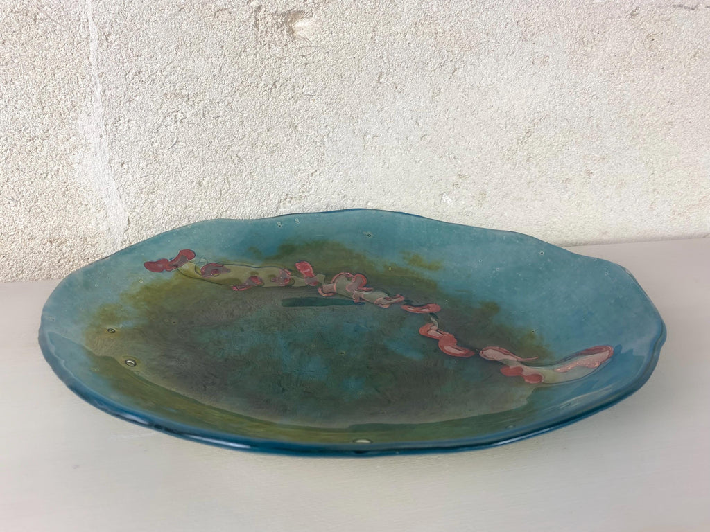 Large Fused Glass Pond Platter | Abstract Aquatic Impressionist Art, Copper Inclusions