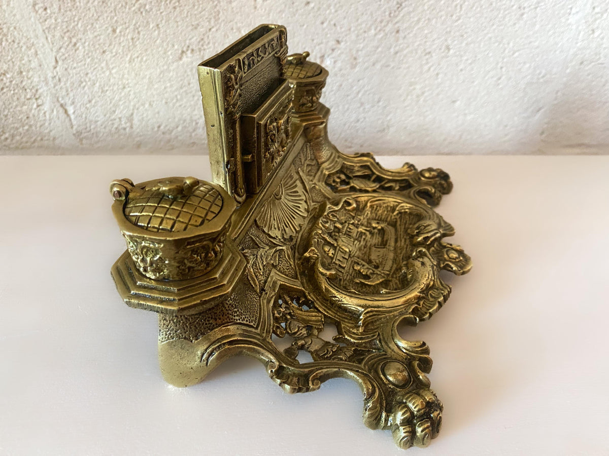 Double encrier en laiton ancien | Porte-lettres au Lion de Saint-Marc de Venise