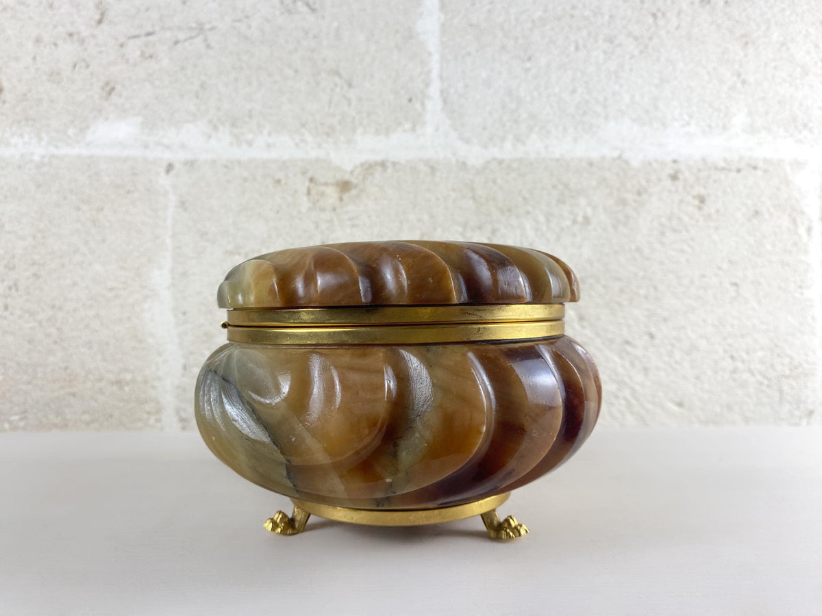 Grande boîte à bijoux vintage italienne en albâtre en forme de coquillage | Coffret de toilette en pierre couleur miel caramel