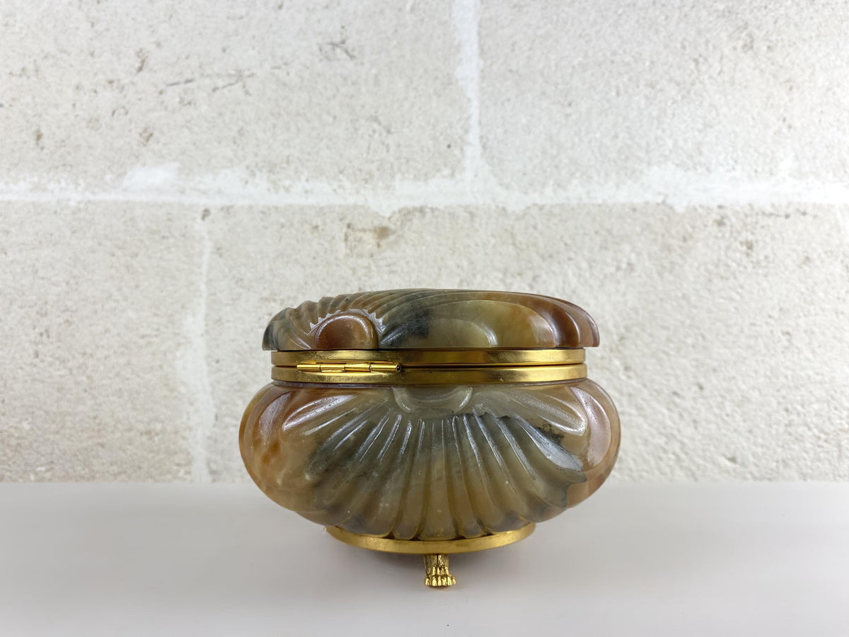Grande boîte à bijoux vintage italienne en albâtre en forme de coquillage | Coffret de toilette en pierre couleur miel caramel