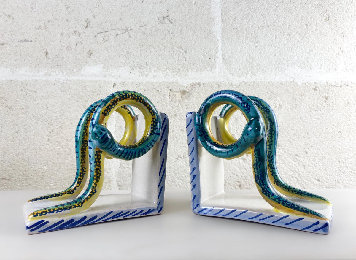 Rare Vintage Deruta Snake Bookends, Mid Century Italian Majolica, Medical Pharmacy Decor