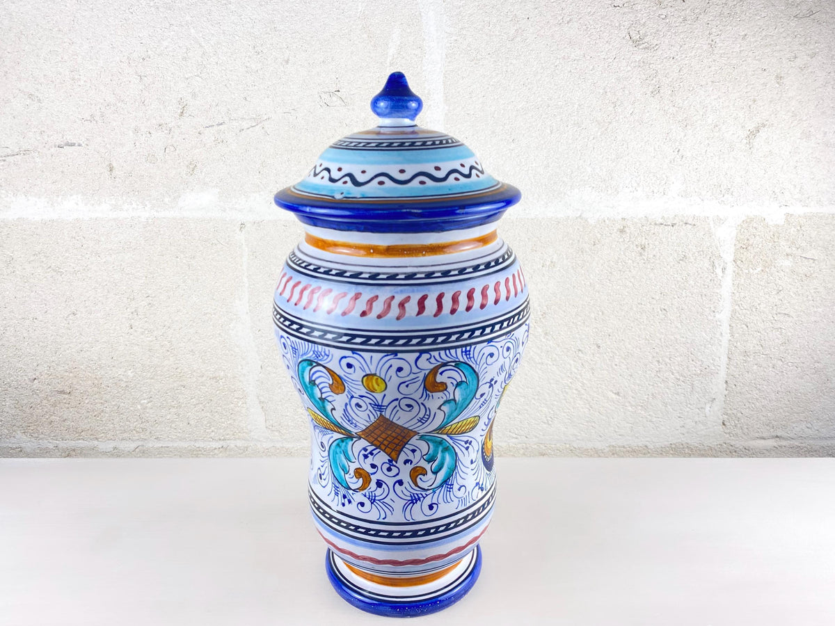 Large Vintage Deruta Apothecary Jar, Hand-Painted, Italian Peacock Eye Renaissance Decor