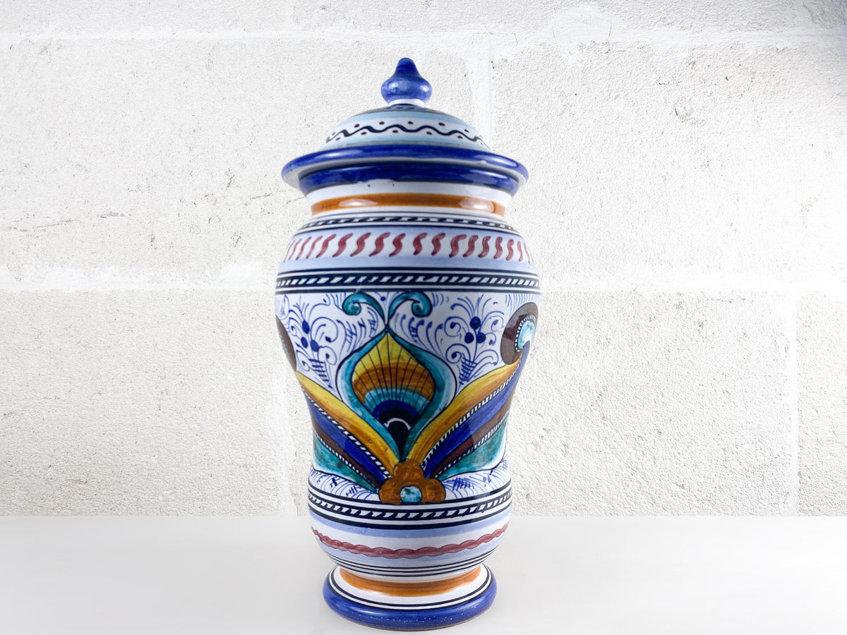 Large Vintage Deruta Apothecary Jar, Hand-Painted, Italian Peacock Eye Renaissance Decor