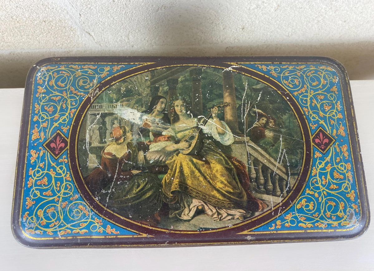 Boîte en fer-blanc italienne Art nouveau ancienne | Grande boîte décorative | Scènes de style Renaissance