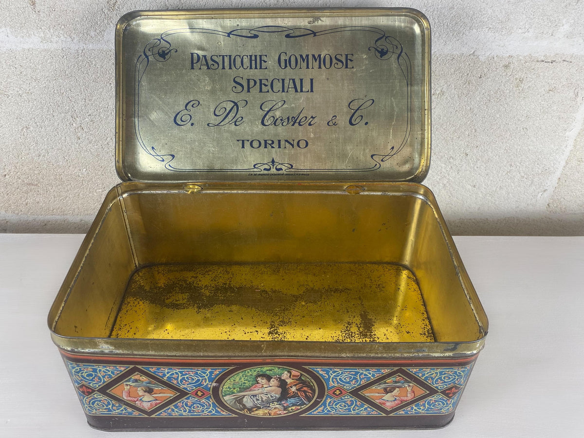 Boîte en fer-blanc italienne Art nouveau ancienne | Grande boîte décorative | Scènes de style Renaissance