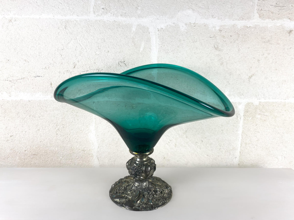 Grand bol centre de table vintage italien en argent sterling et verre artistique émeraude