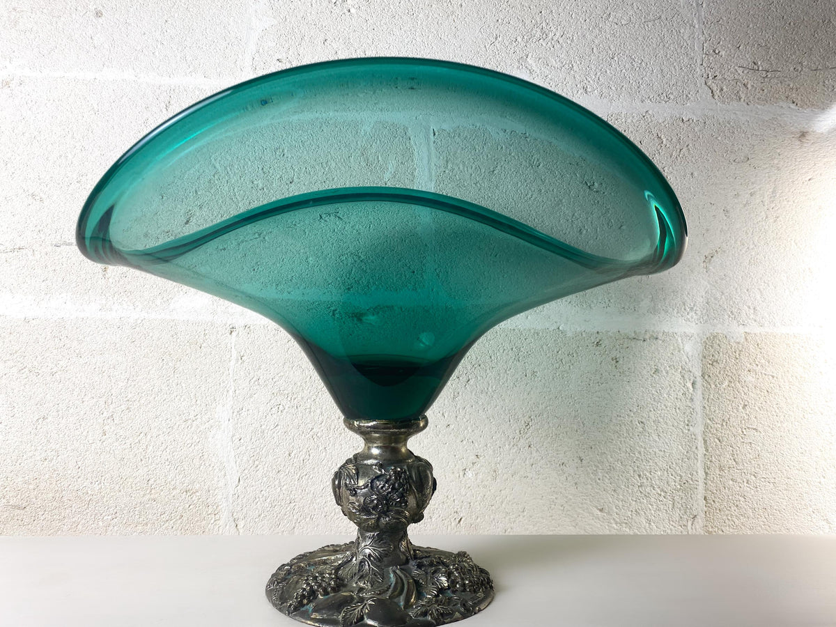 Grand bol centre de table vintage italien en argent sterling et verre artistique émeraude