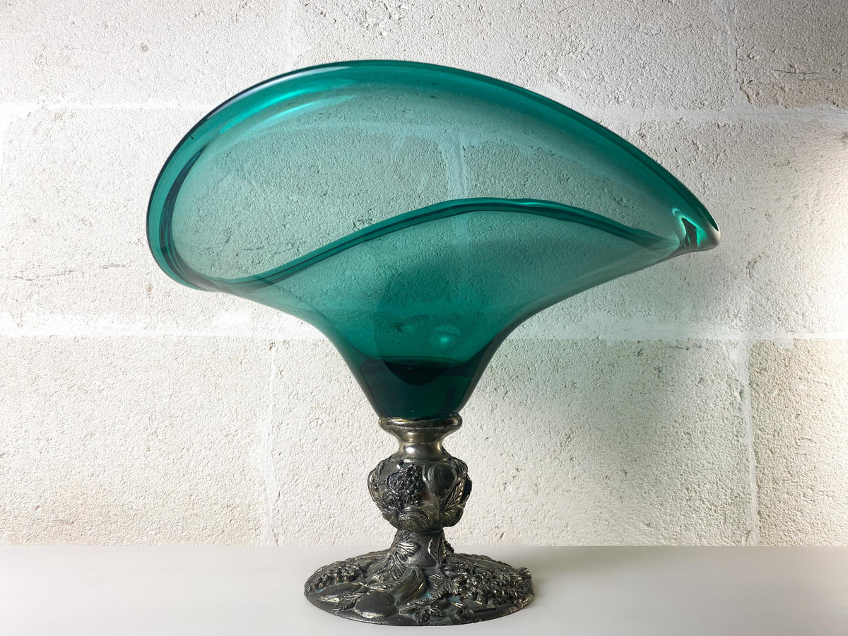 Grand bol centre de table vintage italien en argent sterling et verre artistique émeraude