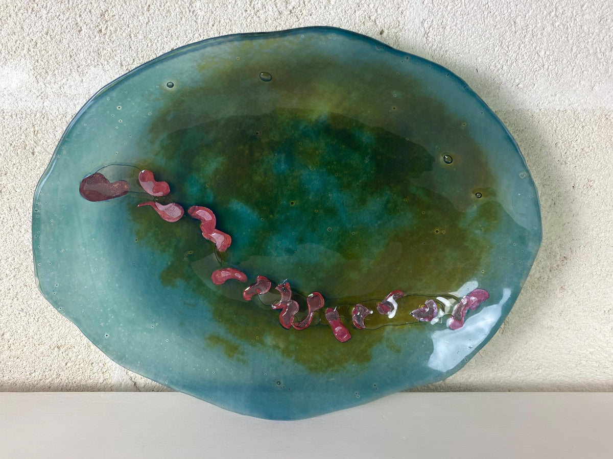 Grand plat de bassin en verre fusionné | Art impressionniste aquatique abstrait, inclusions de cuivre