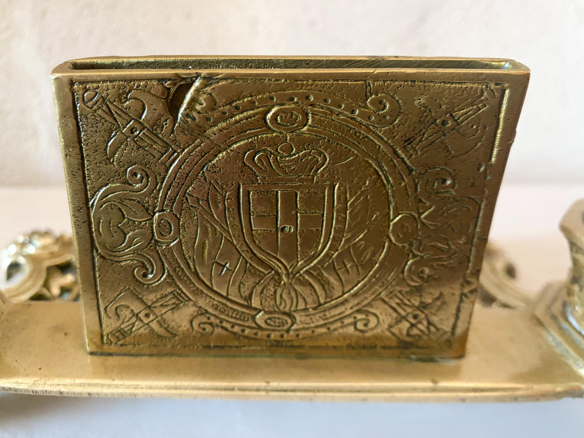 Double encrier en laiton ancien | Porte-lettres au Lion de Saint-Marc de Venise
