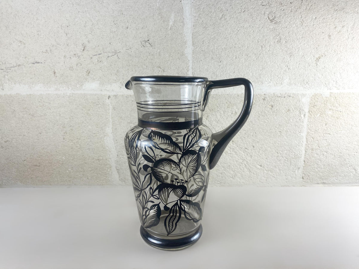 Carafe en verre à décor d'argent italien Art Déco, pichet de style floral Art Nouveau