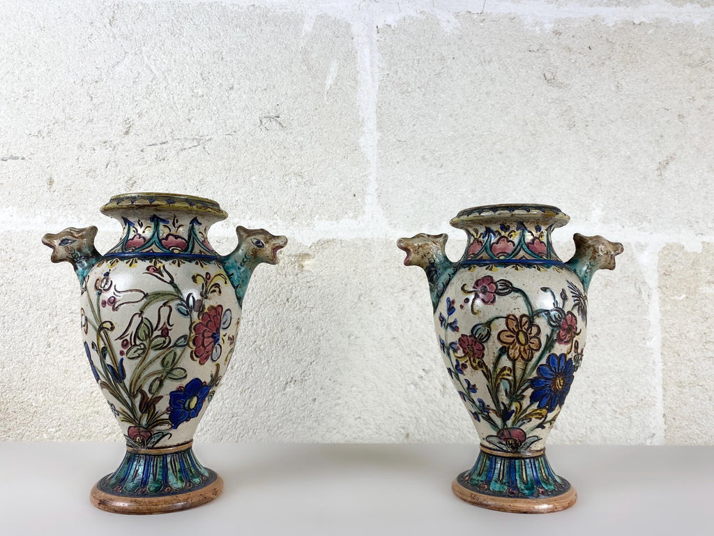 Art Deco Italian Majolica Vases Pair, Hand Painted Pottery Ram Head Handles
